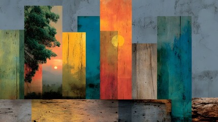 Colorful geometric patterns and textured materials create a visually striking abstract art display on a rough concrete wall surface