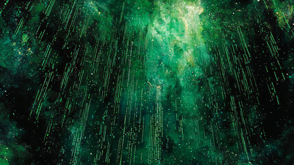 Hyper realistic digital matrix effect showcases vibrant green backdrop filled with cascading binary code, creating mesmerizing and immersive atmosphere