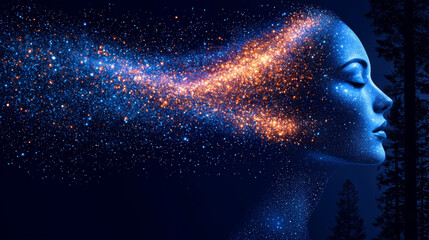 Mesmerizing digital portrait of woman with cosmic theme, featuring starry night sky and vibrant colors. image captures essence of creativity and imagination, blending beauty with universe