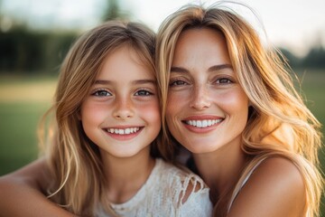 Obraz premium Close-up portrait of a happy mother and daughter smiling together outdoors with natural light and blurred greenery background