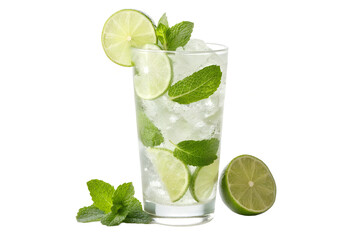 A refreshing mojito cocktail with lime slices and mint leaves on a white background in studio