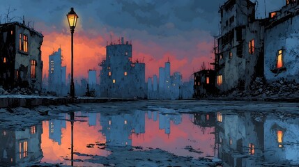 Dramatic and moody dystopian cityscape with a crumbling abandoned skyline reflected in the water at dusk creating an ominous and eerie atmosphere