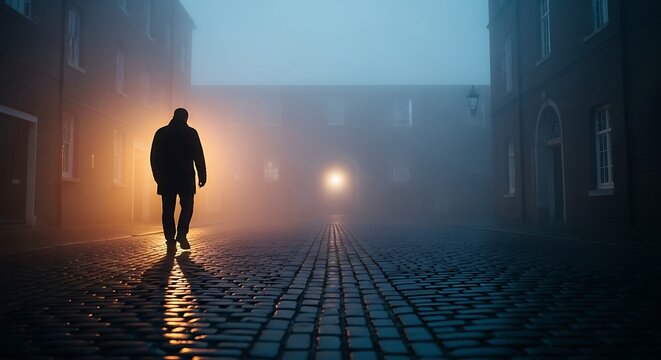Mysterious Figure Walking Through Foggy City Street at Night Exploring Urban Solitude and Enigmatic Ambiance