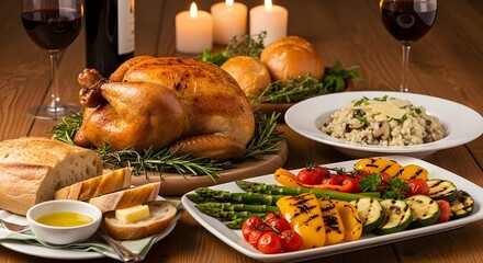 Roasted chicken dinner with vegetables, bread, and wine