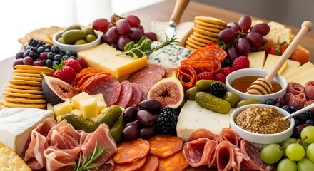 Overhead view of charcuterie board with variety of meats, cheese, fruits, and crackers