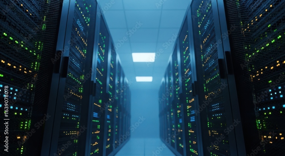 Poster illuminated server racks create a futuristic digital pathway in a vast data center environment