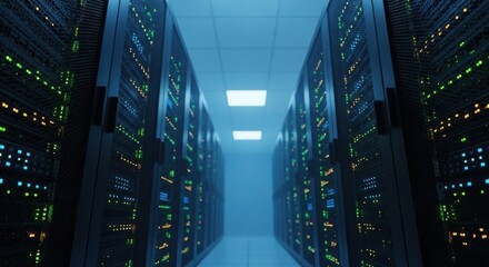 Illuminated server racks create a futuristic digital pathway in a vast data center environment