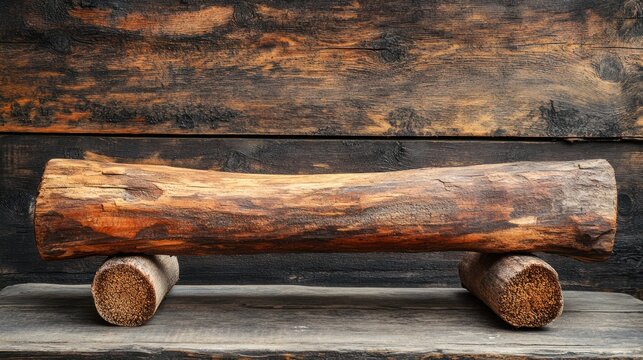 Rustic wooden log bench on dark wooden background.