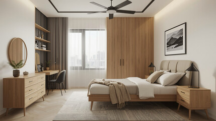 Contemporary Minimalist Bedroom Interior with Wood Furnishings and Natural Light