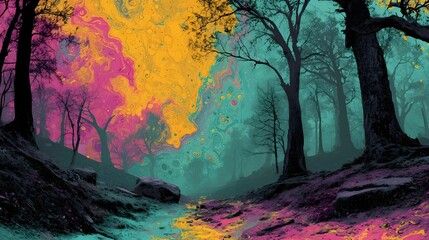 Enchanting autumn forest scene with a winding path leading through a mystical colorful landscape of vibrant foliage and serene atmosphere