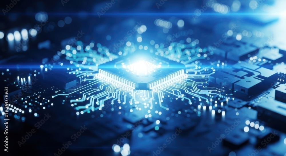 Poster brilliant blue light emanates from a central processor chip illuminating complex circuitry and techn