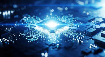 Brilliant blue light emanates from a central processor chip illuminating complex circuitry and technological advancements