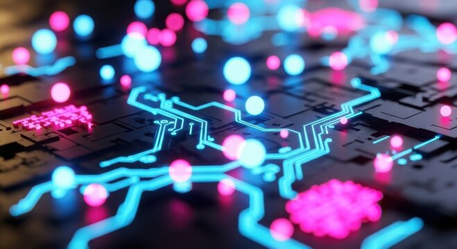 Abstract digital circuitry with vibrant neon blue and pink glowing lights illustrating advanced technology concepts