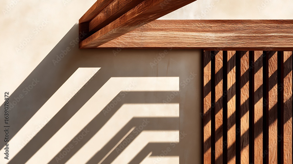 Poster sunlight creating geometric shadow patterns on wall with wood details