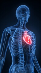 Medical illustration in X-ray style of a standing human skeleton in blue tones, person at risk of heart attack