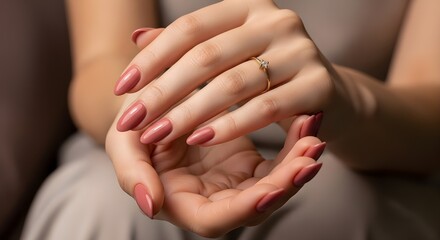 Woman's hands with pink manicure and wedding ring