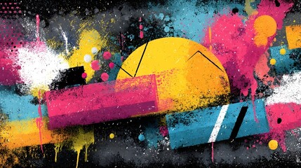 Energetic and dynamic abstract painting with a burst of colorful paint splashes splatters and brushstrokes in a lively joyful composition