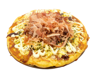Japanese savory pancake Okonomiyaki with katsuobushi flakes mayonnaise and sauce.