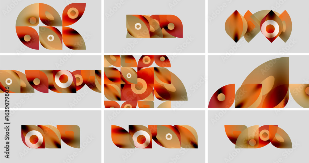Poster abstract shapes, orange tones, geometric designs. patterns repeat, creating visual texture. minimali