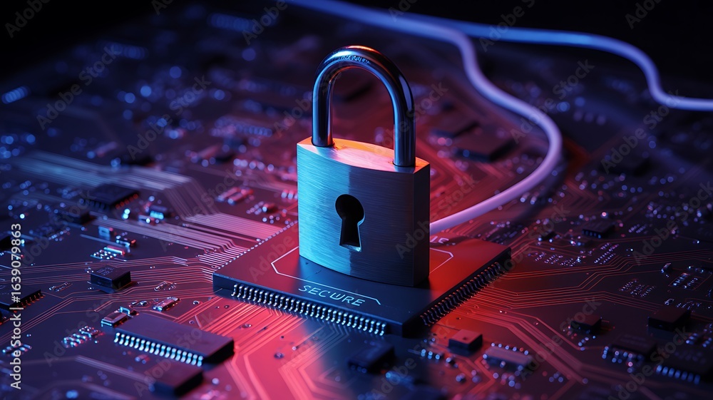 Poster a metallic padlock sits securely on a computer's central processing unit, mounted on an intricate ci