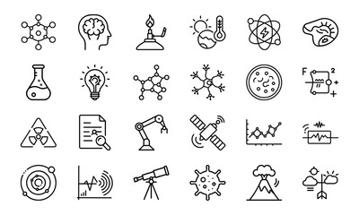 Fototapeta premium Science and Laboratory Line Icons Chemistry, Physics, Biology, Space, Robotics, Data, and Medical Vector Icon Set for Education, Research, and STEM Projects