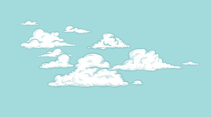 Set of clouds in sketch hand drawn vintage retro style. Cloudscape blue background. Vector illustration.