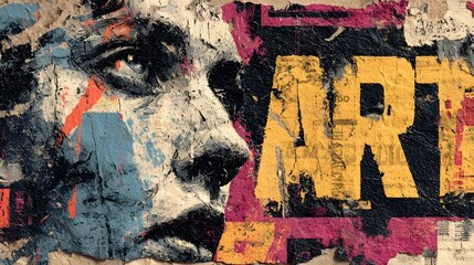 Expressive abstract painting featuring a dynamic blend of bold colors textured brushstrokes and graffiti inspired elements creating a visually striking and energetic urban inspired artwork