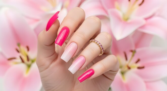 Feminine hand with long square nails in pink tones against pink flowers - Powered by Adobe