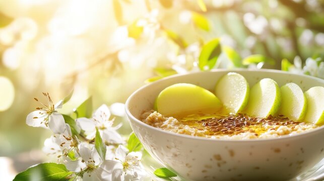 A fresh and healthy oatmeal breakfast bowl with green apple slices on blurred background