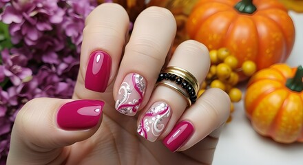 Female hand with manicured pink nails for fall season