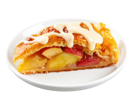 Goldenbaked apple strudel slice with a flaky crust chunky fruit filling and sweet icing.