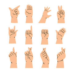 Flat modern style hands showcasing a variety of fun and expressive gestures. Creative cartoon design. Vector illustrations isolated on white background. 