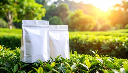 White Pouch Packaging Mockup in Tea Plantation with Morning Sunlight