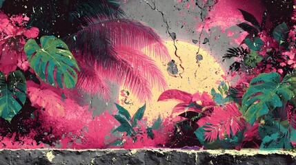 Lush colorful tropical foliage with vibrant leaves and plants against a dynamic abstract background