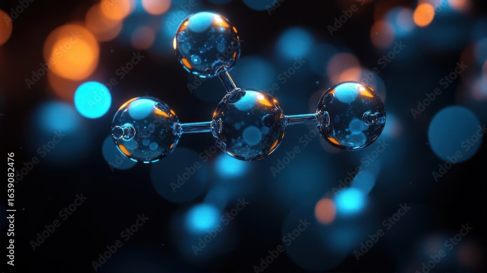 Poster close-up view of molecular structure with transparent connected spheres illuminated by blue and oran