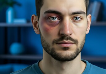 Fototapeta premium Portrait of a man with a bruise under his eye depicting violence or injury and highlighting safety awareness and health concerns