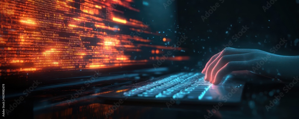 Poster close-up of a hand typing on a glowing keyboard with orange digital code streaming on a screen, repr