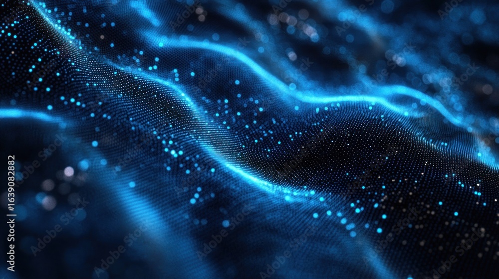 Poster abstract digital waves composed of glowing blue dots and lines creating a flowing, dynamic, and futu