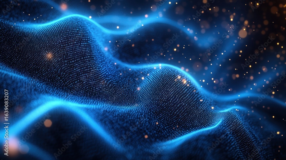 Poster glowing blue wave-like grid with floating golden particles creating a dynamic and futuristic abstrac