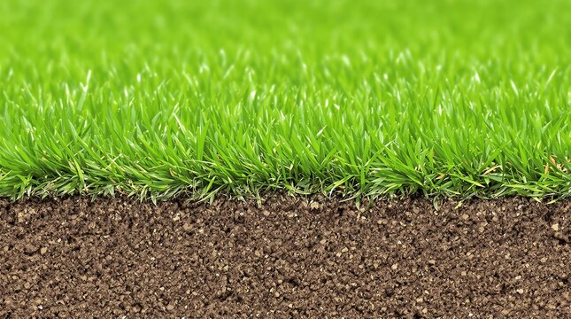A close-up cross-section of lush green grass showing the blades of turf above and the rich brown soil layer below