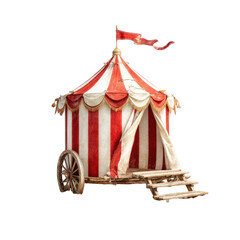 Red-and-white striped circus tent on wheels outdoors