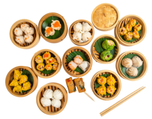 Assortment of colorful Chinese dim sum dumplings and buns served in traditional bamboo steamer baskets.