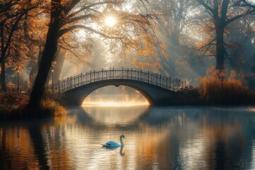 Tranquil autumn scene with a swan swimming on a foggy lake under an ornamental stone bridge and golden sunlight filtering through orange-leaved trees