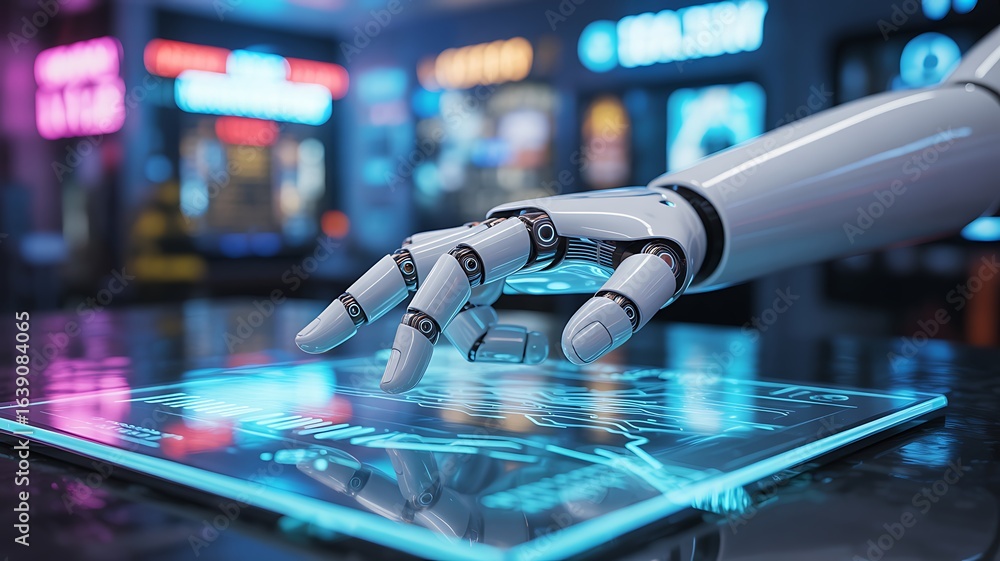 Poster the hand of a futuristic android interacts with a glowing holographic interface on a transparent dev