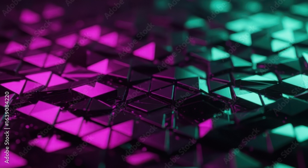 Poster abstract geometric pattern with vibrant magenta and teal illumination creating a futuristic and dyna