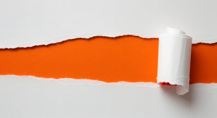 Torn white paper revealing vibrant orange background with rolled edge, abstract concept of unveiling, revelation, discovery, announcement, opening, creative, background, design element.