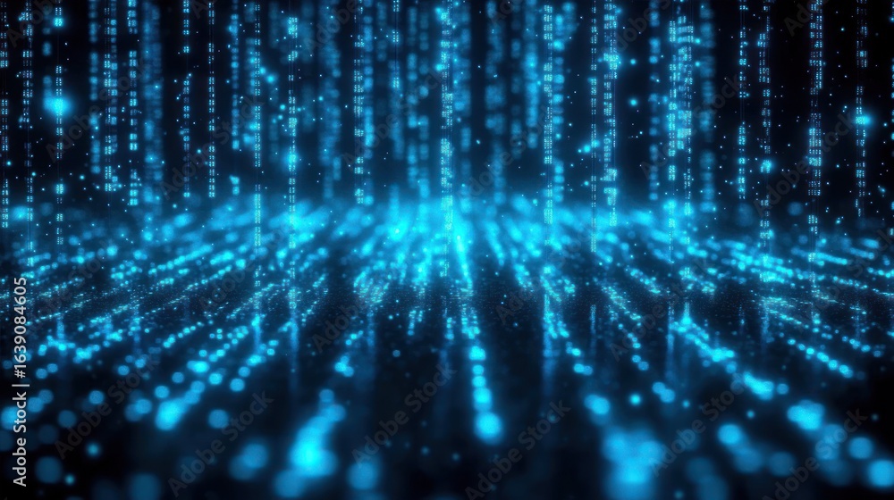 Aufkleber glowing blue digital data streams falling vertically over a sparkling grid, creating a futuristic an