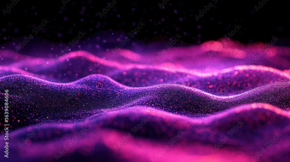 Poster abstract glowing waves of purple and pink particles creating a dynamic sparkling landscape with a se