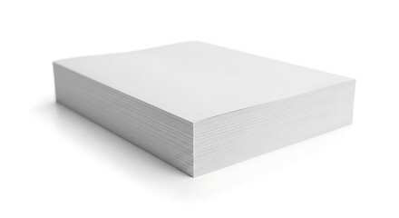 A thick stack of blank white paper sheets sits isolated on a white background with a soft shadow.