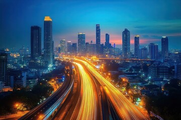 Fototapeta premium City skyline at dusk with glowing skyscrapers and long exposure light trails of vehicles on a busy highway creating a dynamic and vibrant urban scene